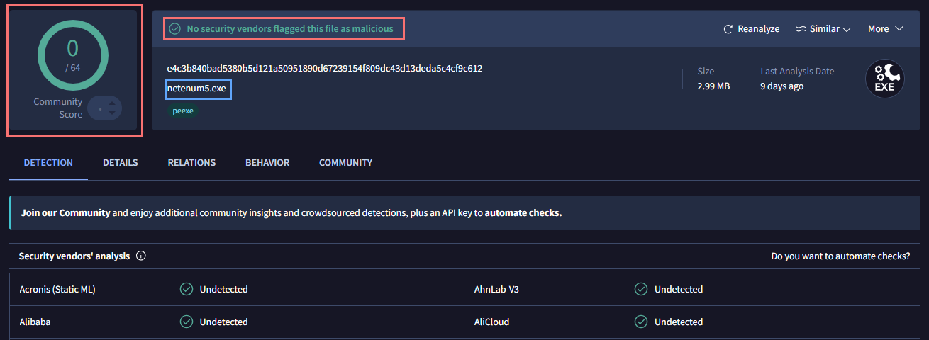 VirusTotalの検査結果。64社中0社が検出、「No security vendors flagged this file as malicious」と表示され、ファイル名 netenum5.exe が青枠で示されている