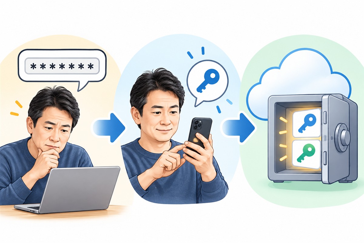 左から右へ並んだ3場面のイラスト。パソコンの前で、パスワードを思い出して考えている人。スマホの鍵のマークで確かめている人。雲の中の金庫に、鍵が預けてある様子。