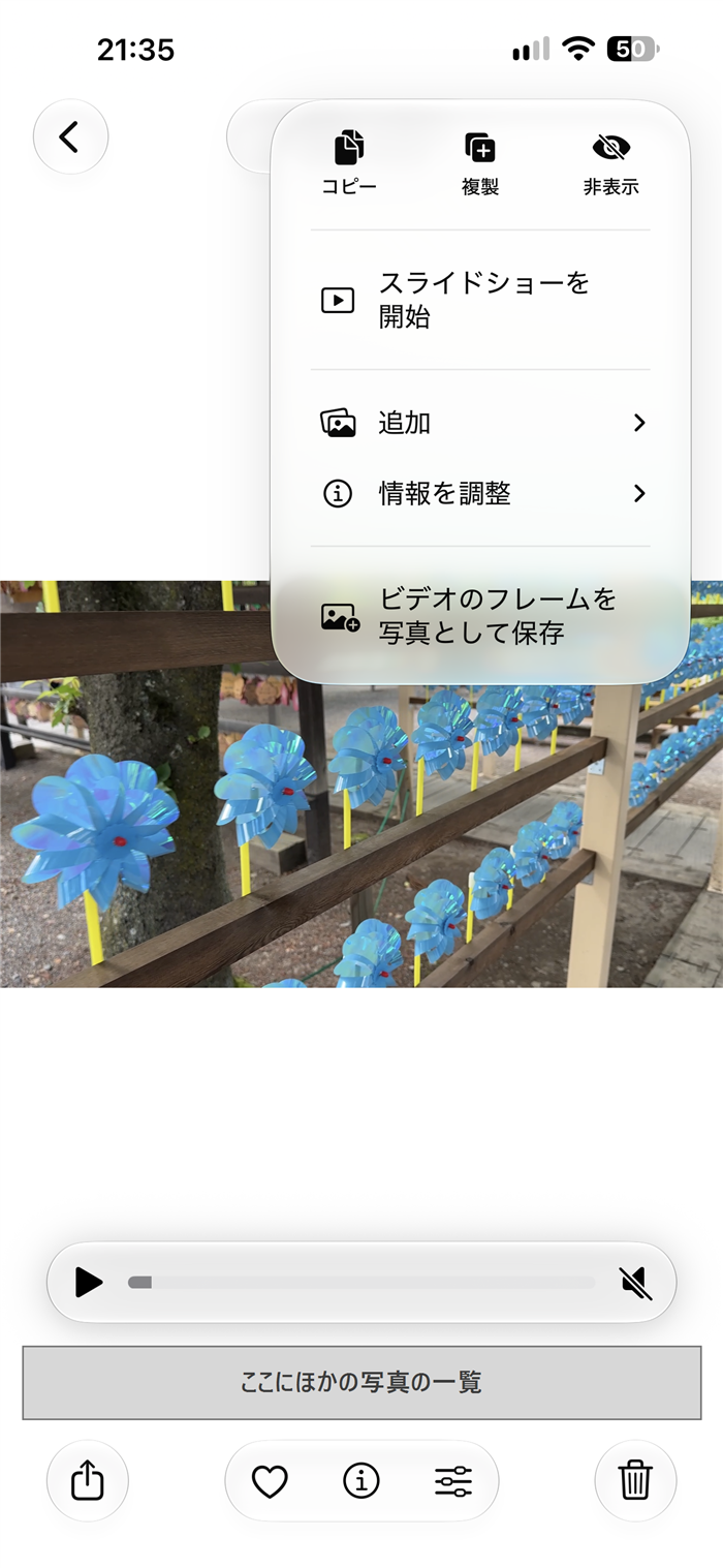写真アプリで動画を開き、右上の「…」を押したメニュー。「コピー」「複製」「非表示」「スライドショーを開始」「追加」「情報を調整」と並び、いちばん下に「ビデオのフレームを写真として保存」がある。画面の下のほかの写真の一覧は塗ってある。